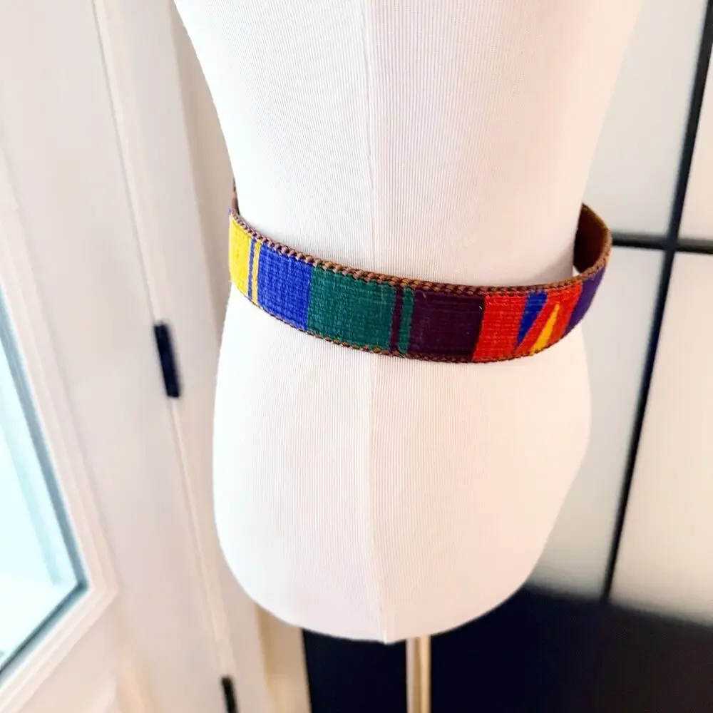 90s Vintage Woven Southwest Belt Aztec Mexican Festival Boho Hippie Leather N